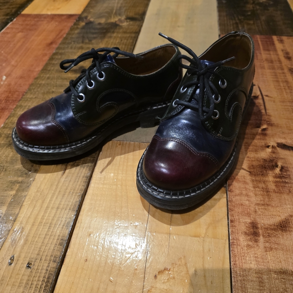 John Fluevog Green,Black and Burgundy Leather Shoes Angels